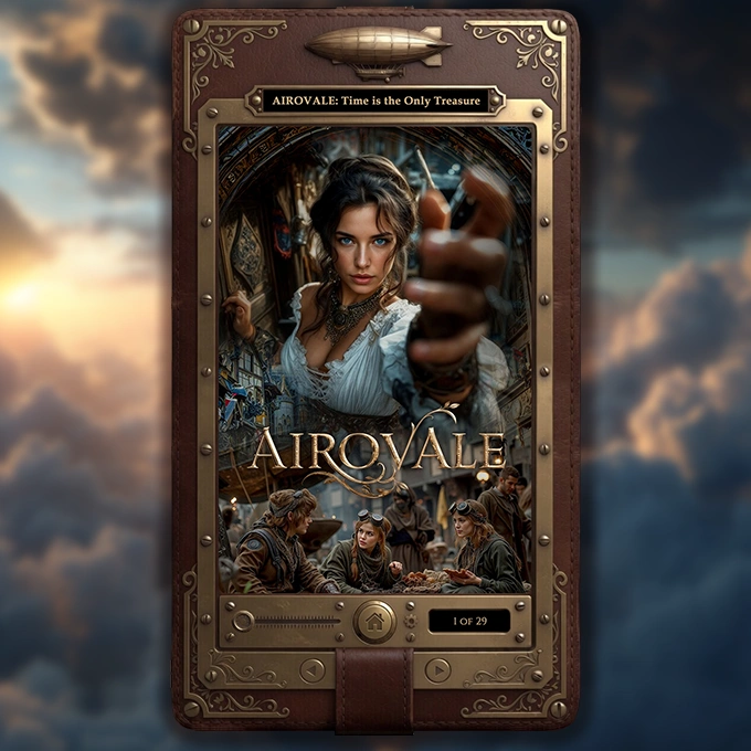 Airovale steampunk e-reader interface showing the novel cover