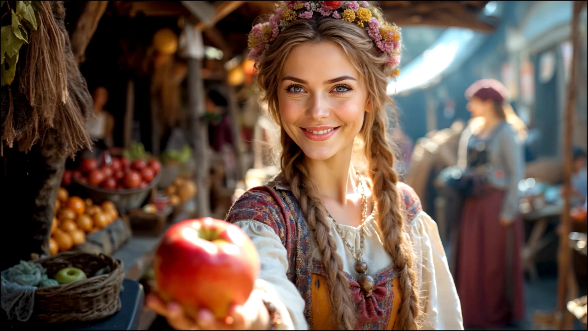 Kateryna, a farmer's daughter, offers an apple to a stranger — the act of kindness that sets the Airovale saga in motion