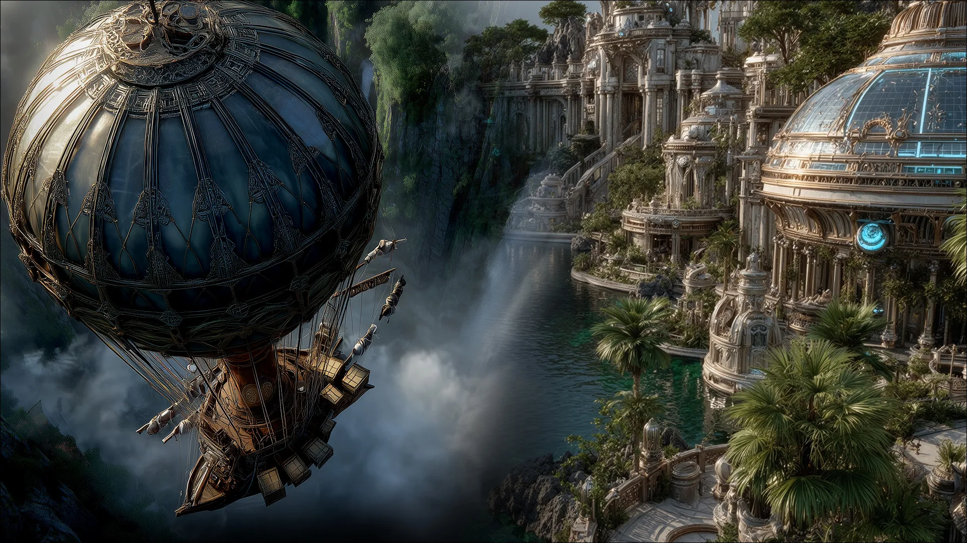 Map-like collage of Canyon Myst, Crescent Islands, Hidden City, and the Mystic Portal