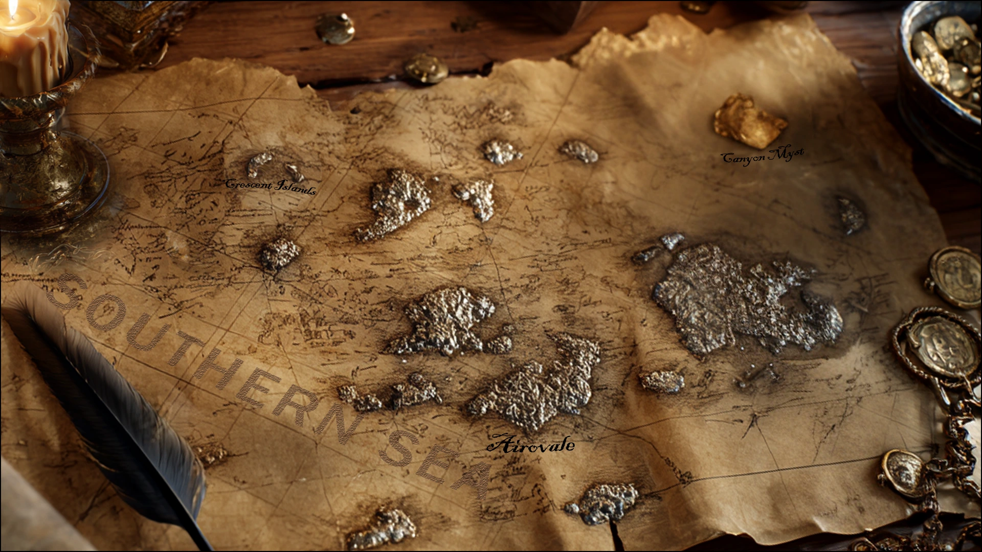 Stylized world map of Airovale, Crescent Islands, Canyon Myst, and the buried Ancient World