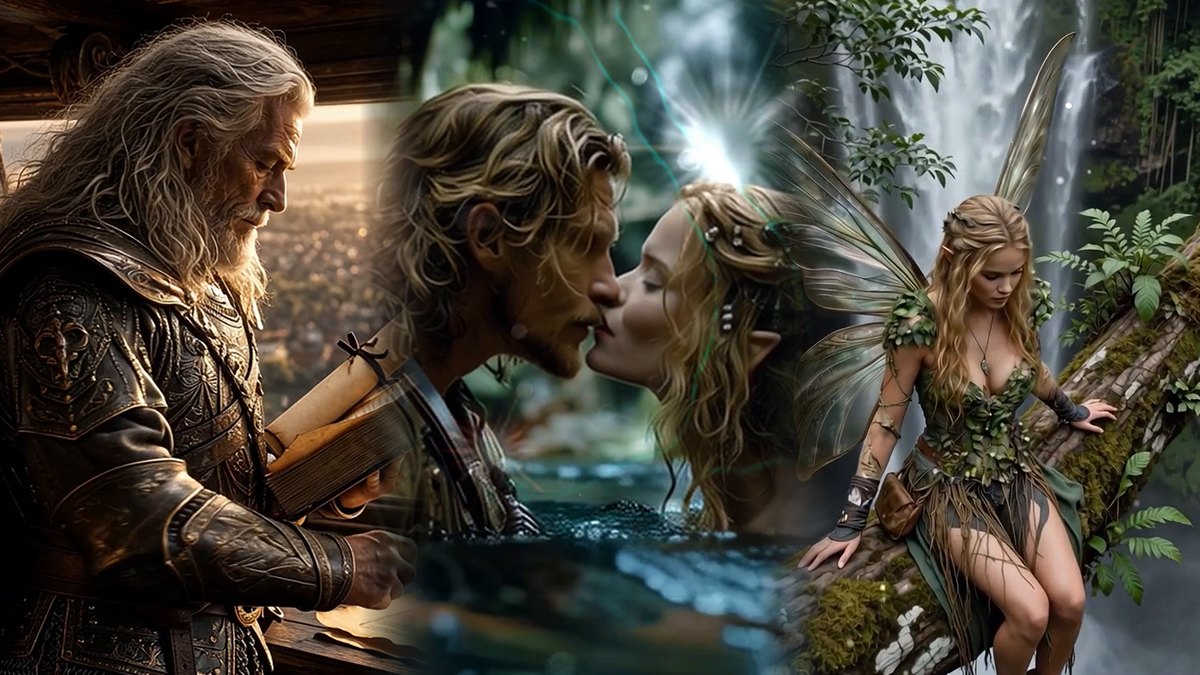 Three scenes from the Airovale teaser: a white-haired elder studying a scroll, a kiss in a forest pool, and a fae beside a waterfall — the origin story of Airovale, by Jef Gray