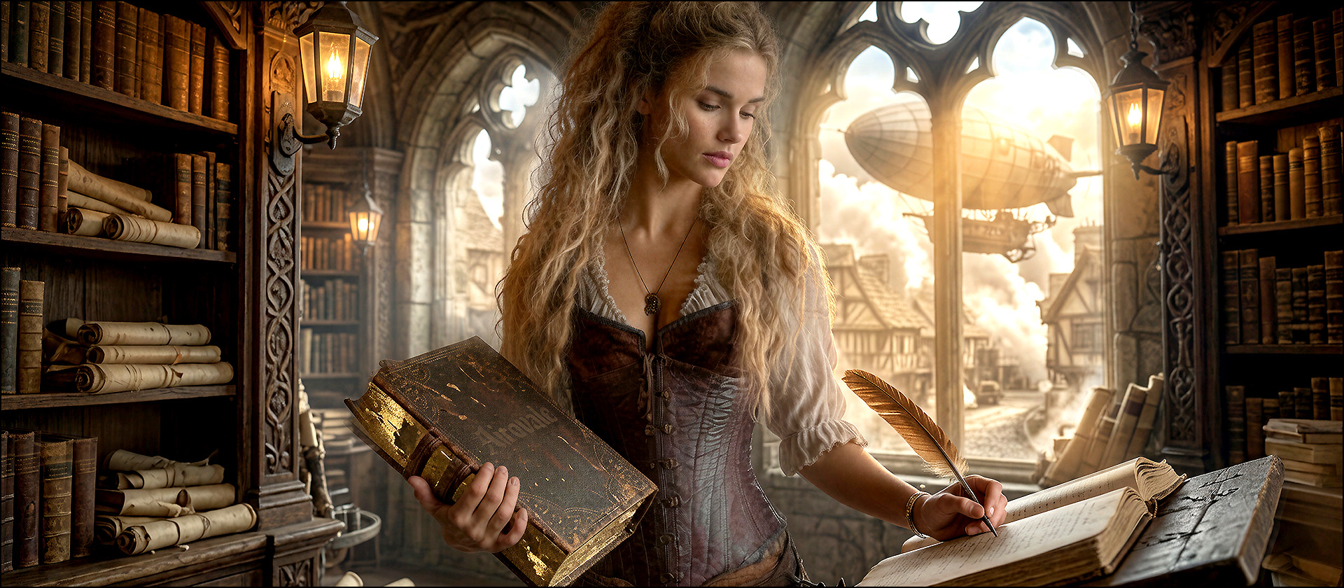 A steampunk-clothed librarian annotates a journal in an old-world Airovale library, a zeppelin launching in the distance