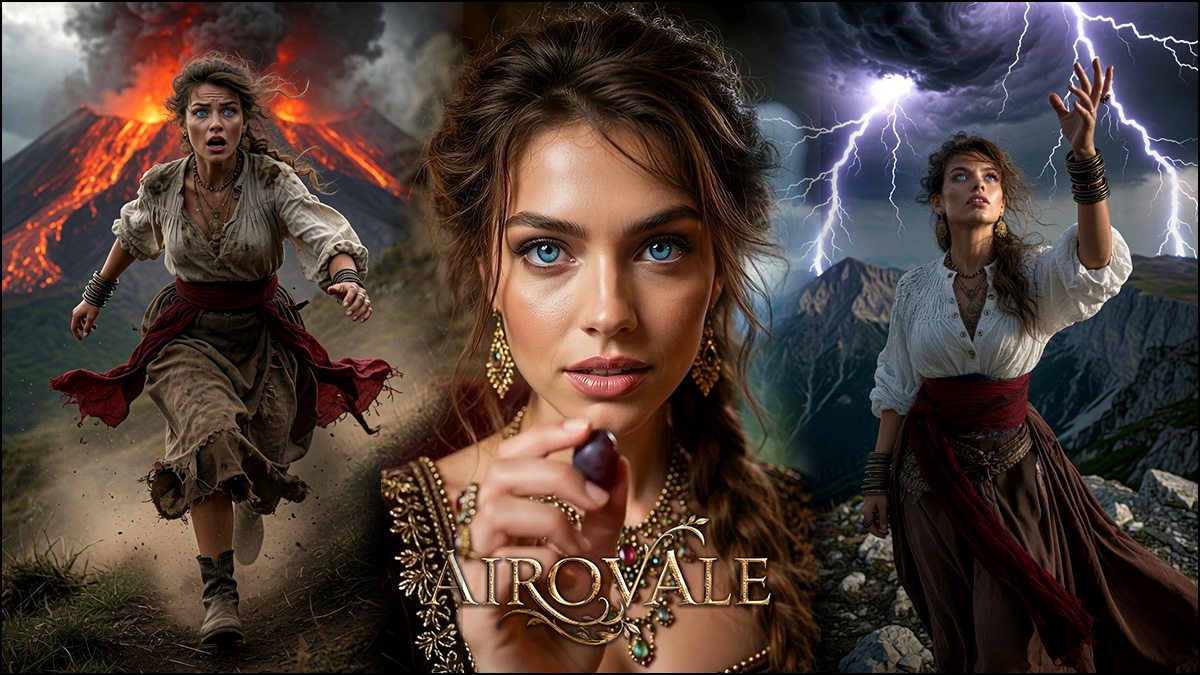 Mahala fleeing the eruption on the Crescent Islands, moments before the deal that curses her — Airovale, by Jef Gray