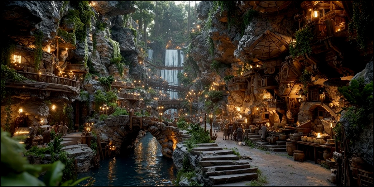 Canyon Myst terraces lit by fae lanterns beneath sheer cliffs