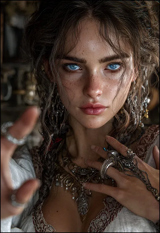 Mahala — scarred then cursed with beauty; invokes Aelmir to destroy fleets