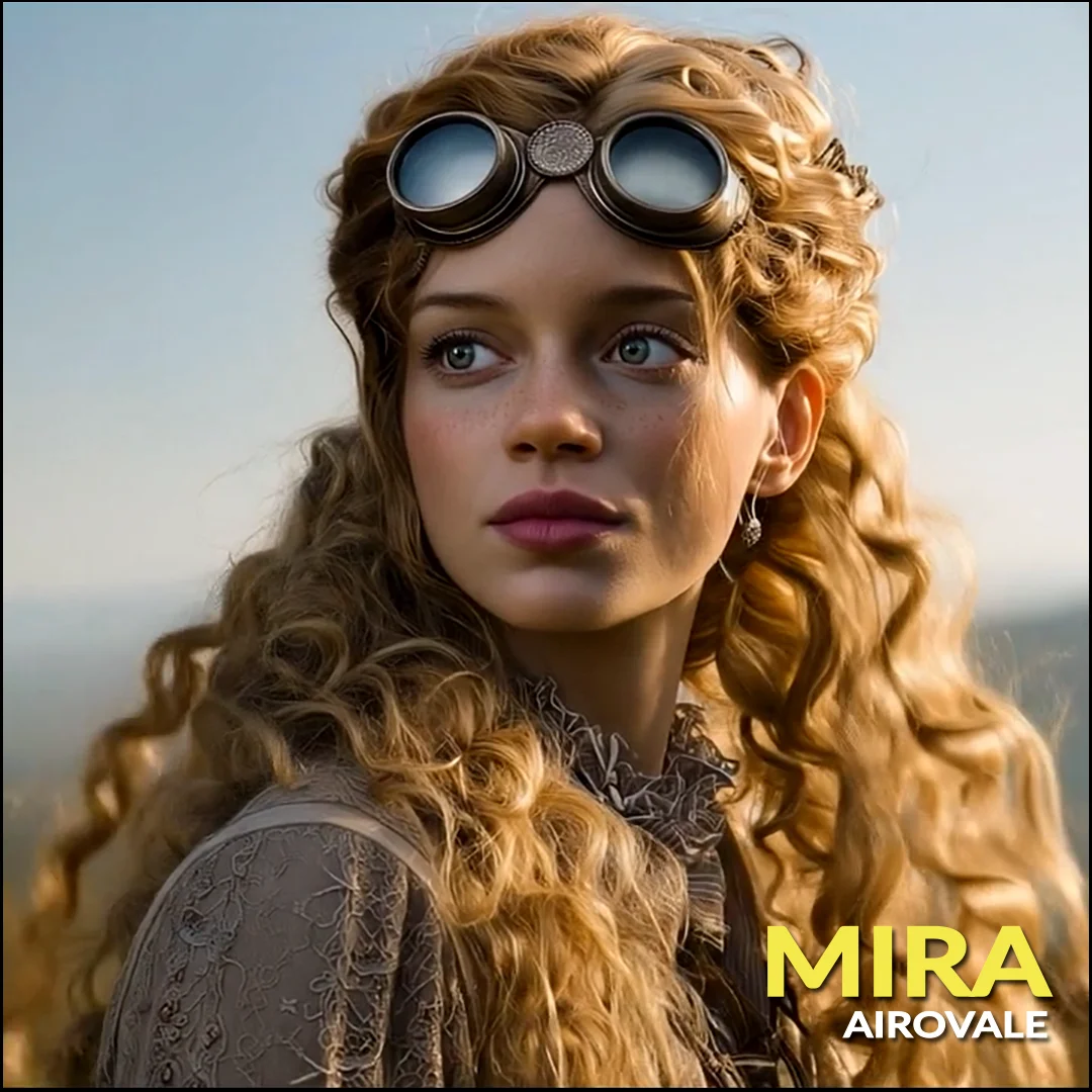 Mira — auburn-haired devoted partner to Kael in Airovale steampunk fantasy