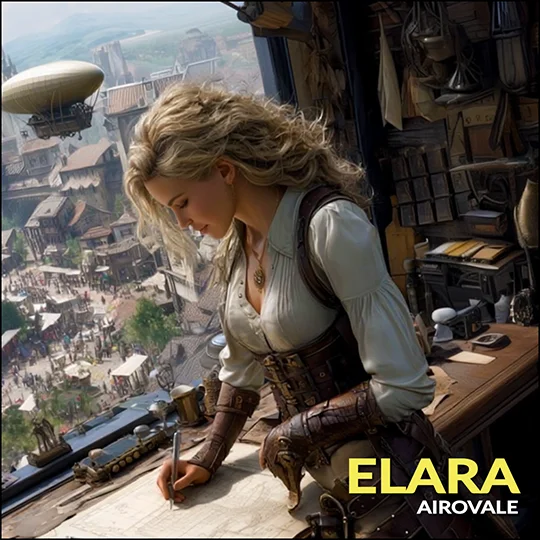 Elara — port master and record keeper in Airovale steampunk fantasy