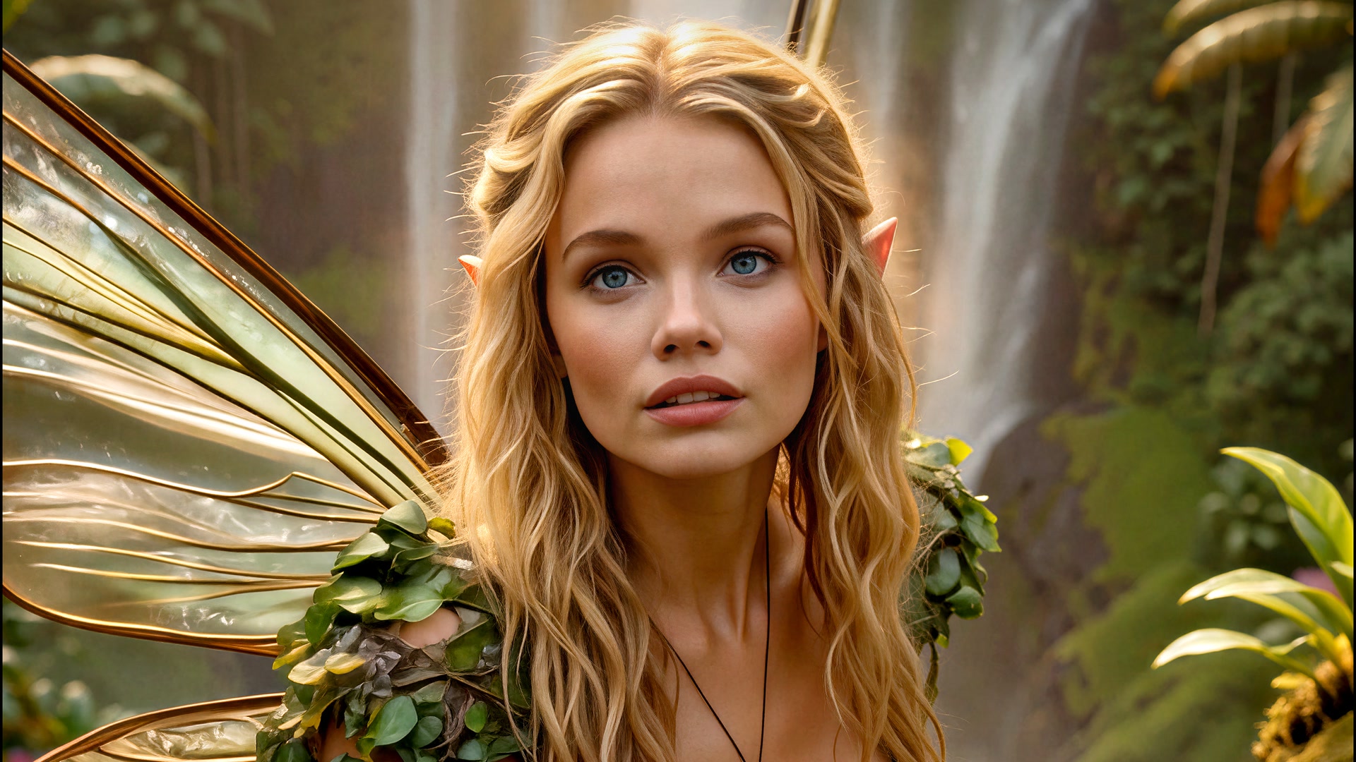 Kira, fae princess of Airovale, with translucent gold-veined wings before a waterfall on the Canyon Myst — Airovale, by Jef Gray