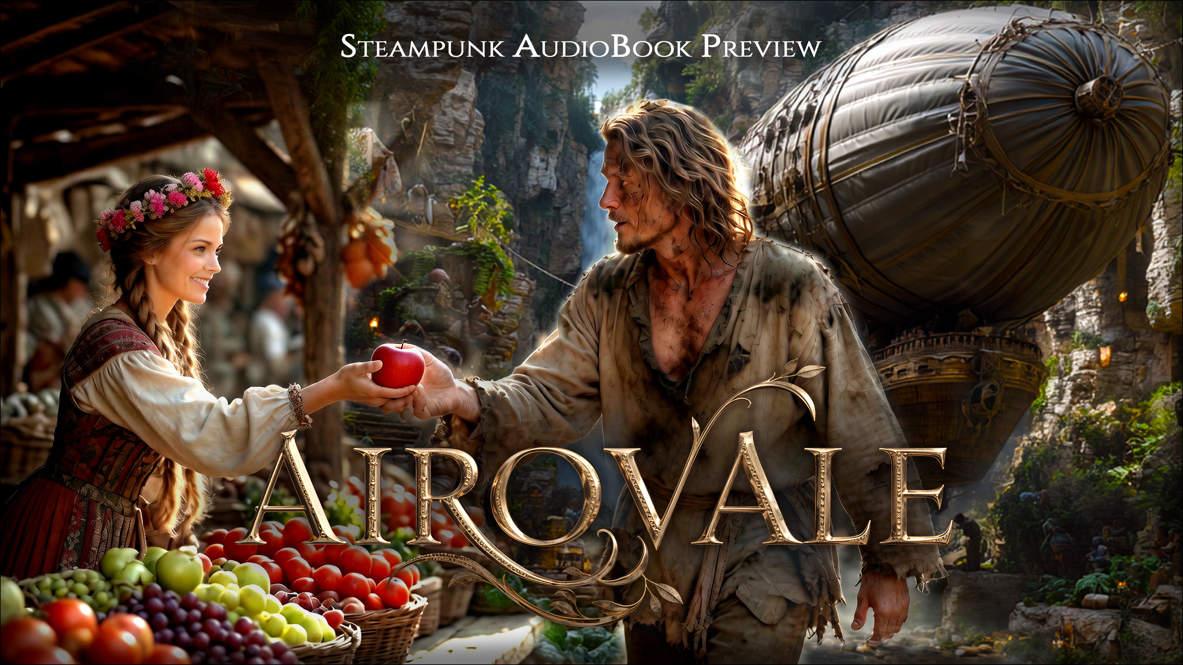 Airovale steampunk fantasy audiobook — 5-minute preview video poster, fae guardians and aeronauts in a Southern Sea archipelago