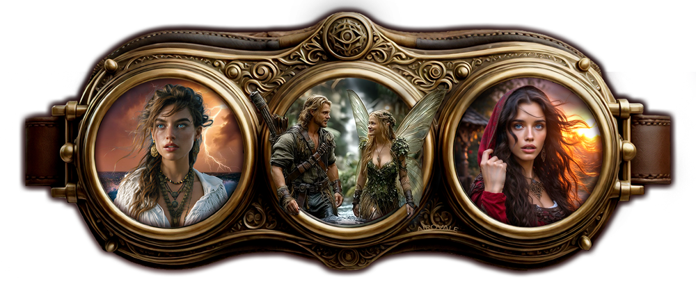 Airovale steampunk fantasy goggles — three brass lenses featuring scenes from the cinematic episodes, the novel with Aden and Kira, and the original soundtrack