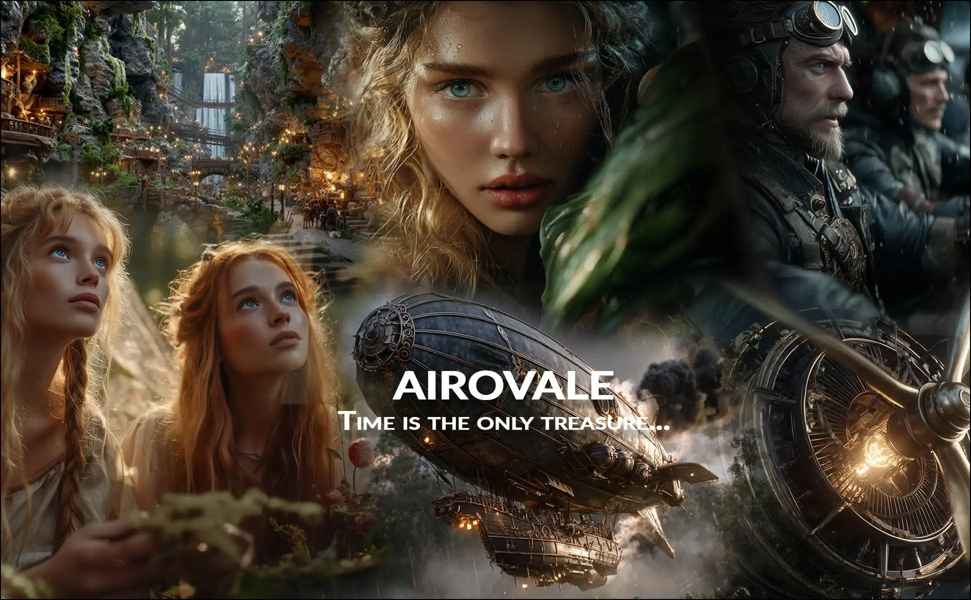 Airovale — epic steampunk fantasy hero artwork featuring marooned aeronauts, fae guardians, and mystical Canyon Myst island