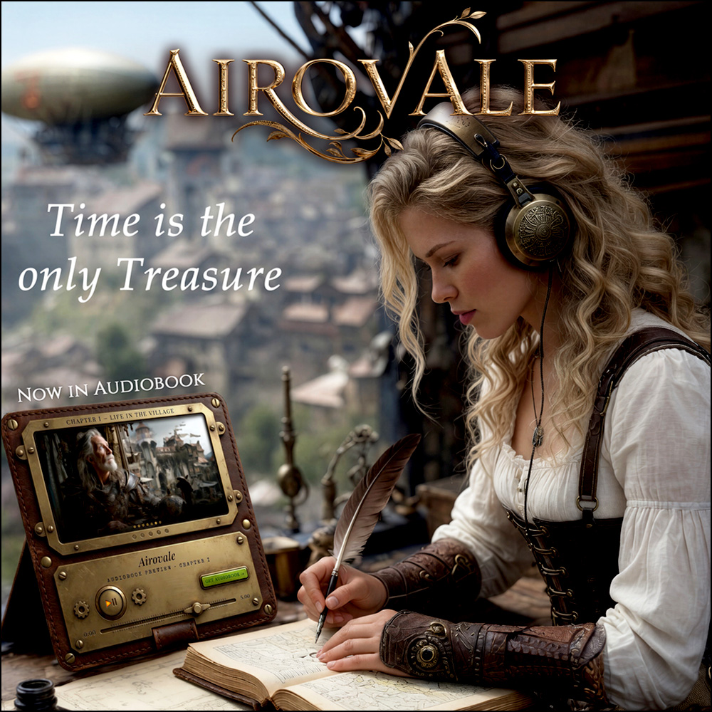 A steampunk character immersed in the Airovale audiobook — steampunk fantasy by Jef Gray