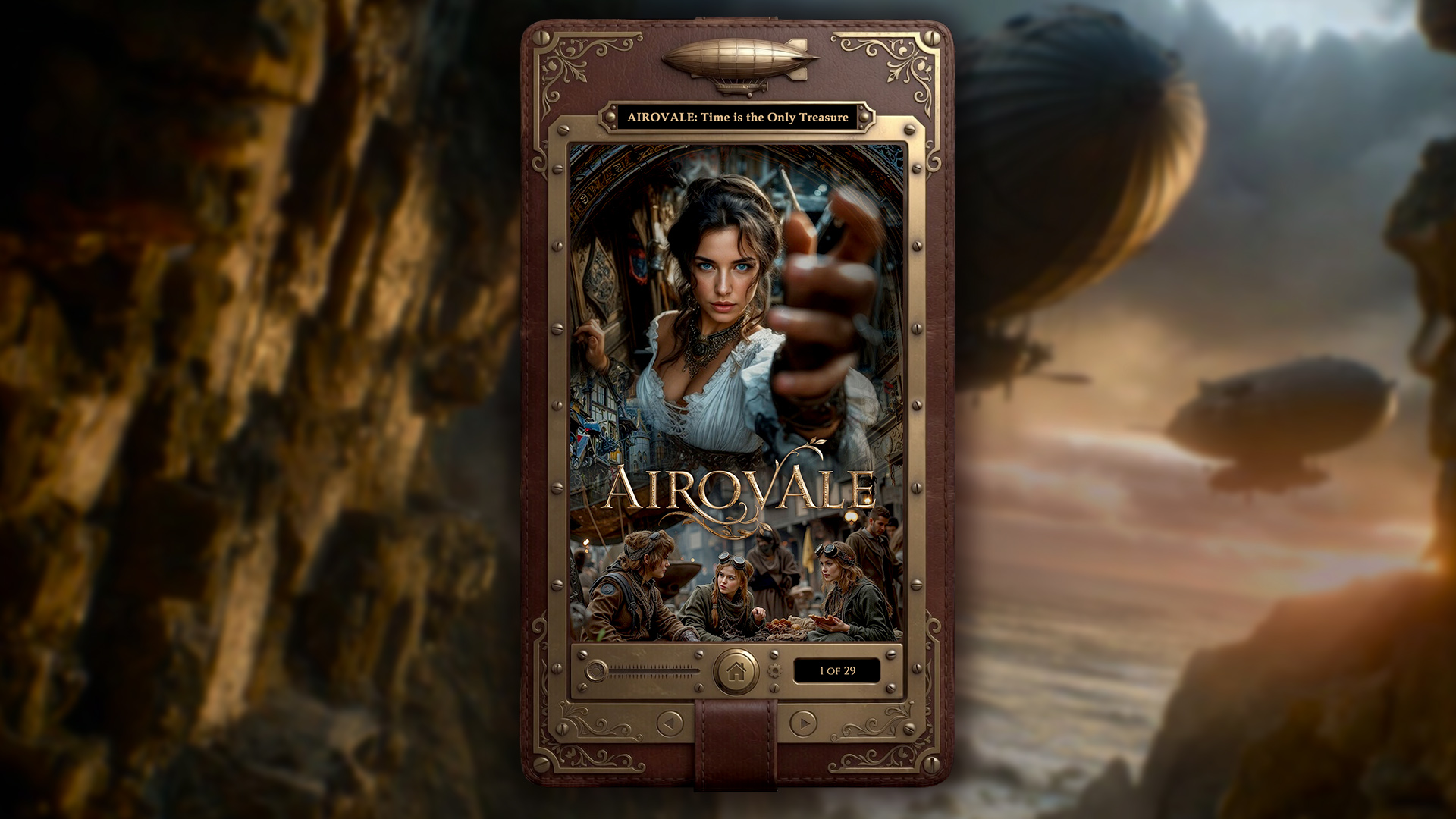Steampunk e-reader displaying the Airovale fantasy eBook — available on Amazon