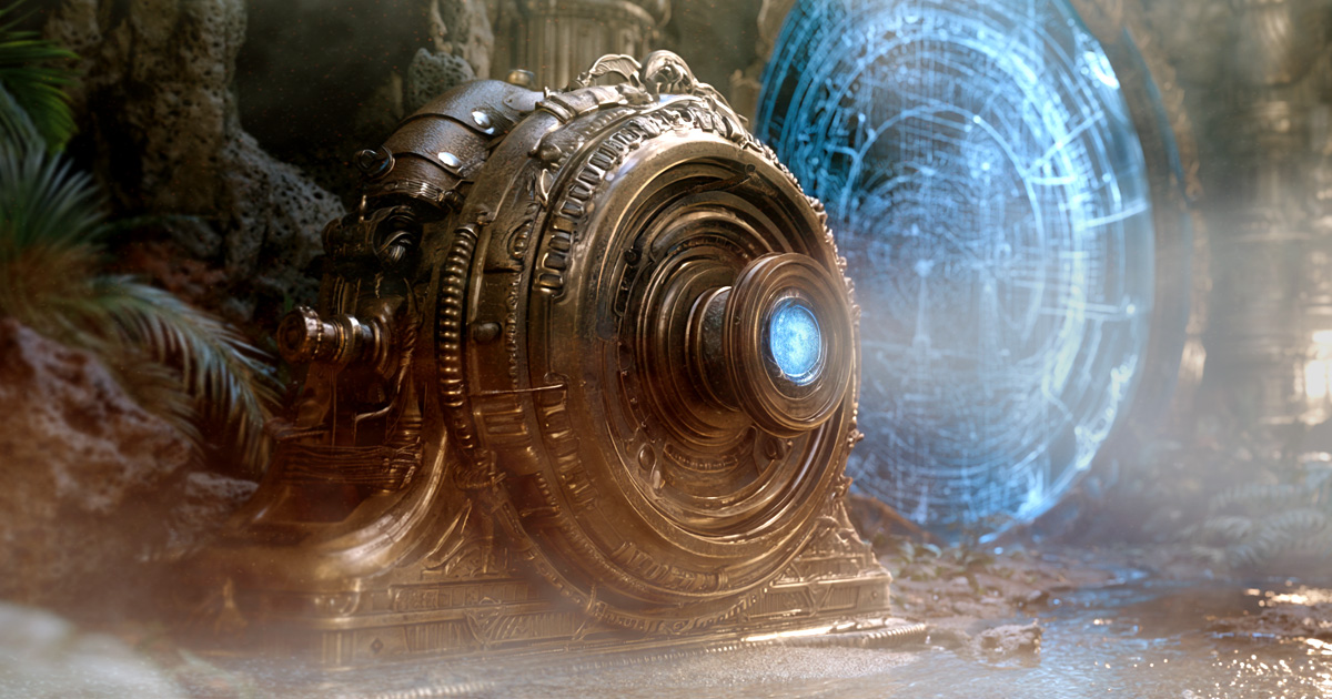 A steampunk projector casting the blueprint of a mystic portal in a jungle cave — Airovale steampunk fantasy
