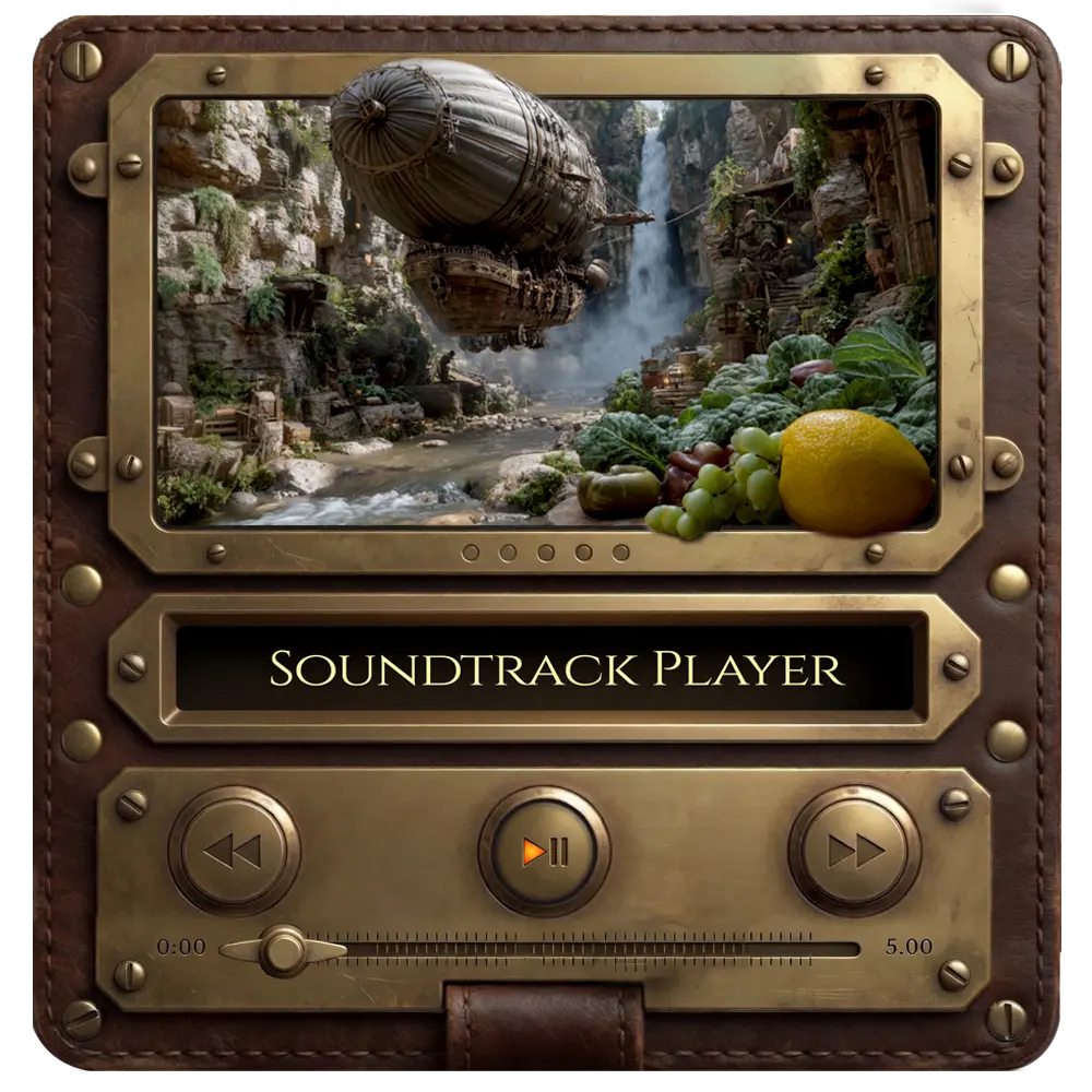 Steampunk fantasy zeppelin in Canyon Myst — scene from the Airovale original soundtrack