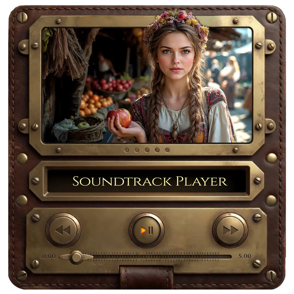 Steampunk fantasy market scene — Kateryna with an apple from the Airovale original soundtrack