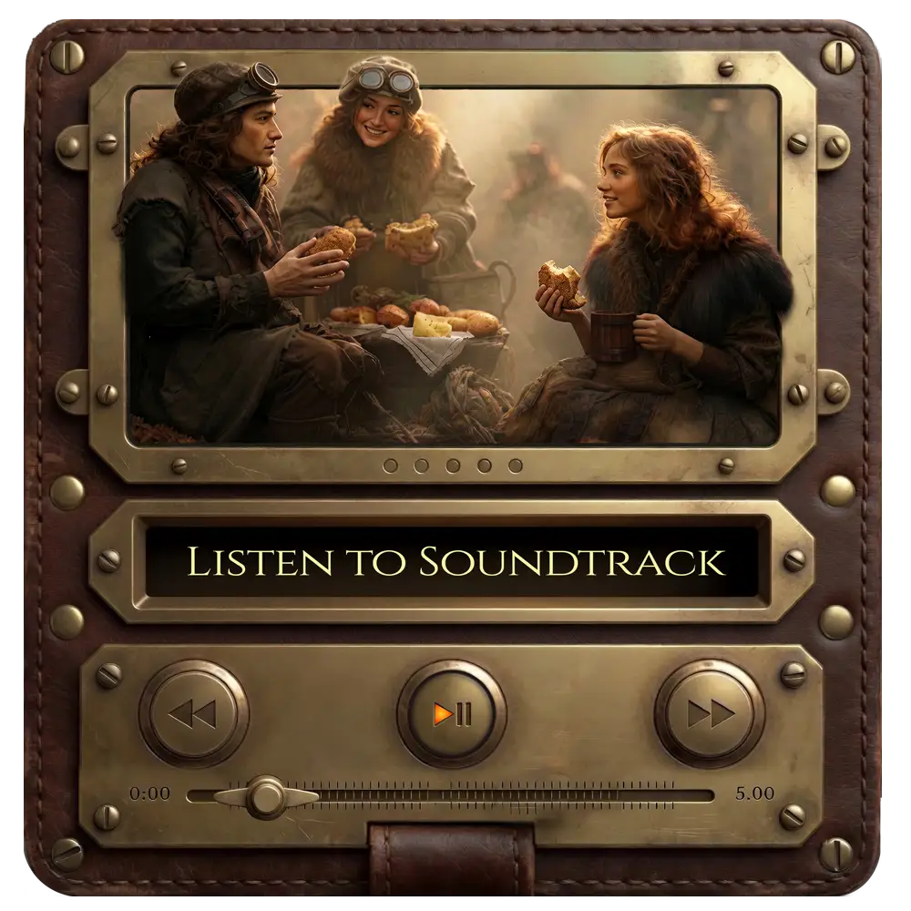 Steampunk fantasy aeronauts sharing a meal — scene from the Airovale original soundtrack
