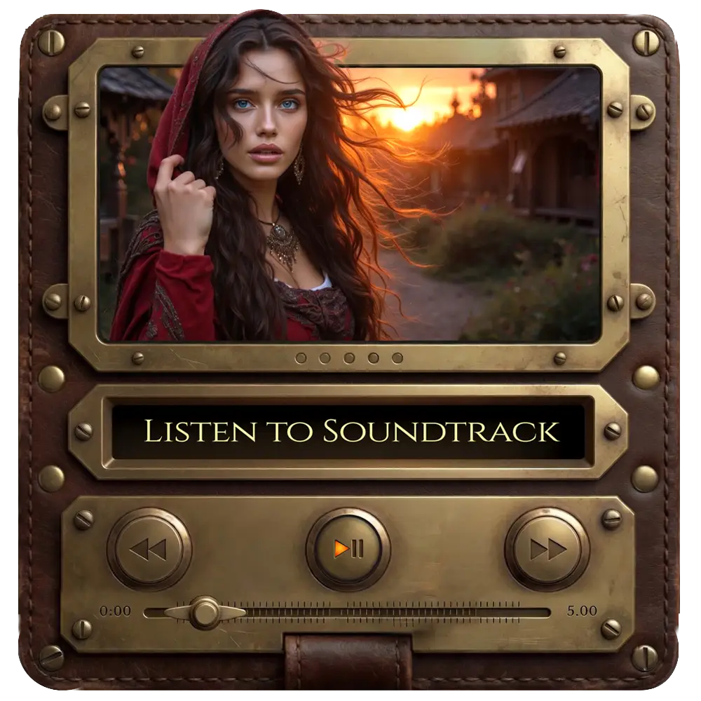 Steampunk fantasy village woman at sunset — scene from the Airovale original soundtrack