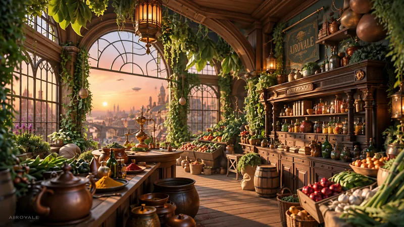 Vine-draped fantasy apothecary with copper pots and herb shelves, arched windows overlooking a sunset city and a drifting airship