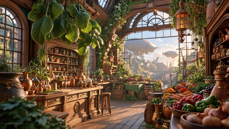 Sunlit fantasy apothecary with herb shelves, spice baskets and hanging lanterns, zeppelins floating past tall windows