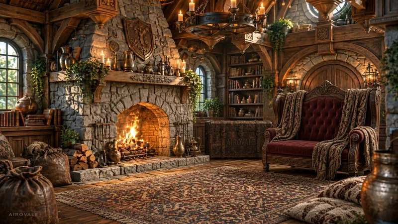 Stone fireplace with a crackling fire, candlelit iron chandelier, velvet settee and bookshelves in a timber fantasy cottage