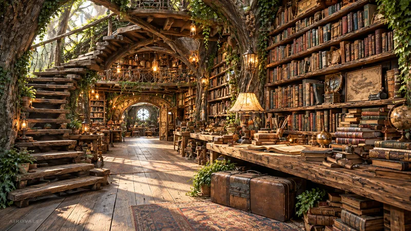 Library grown inside an ancient tree, lantern-lit wooden stairs, shelves of leather-bound books, brass globe and old maps