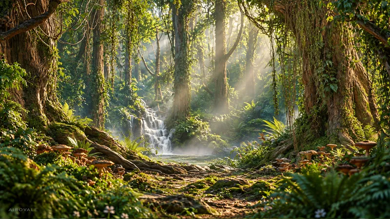 Sunbeams through a misty fae jungle onto a hidden waterfall pool, vine-covered trees, ferns and wild mushrooms