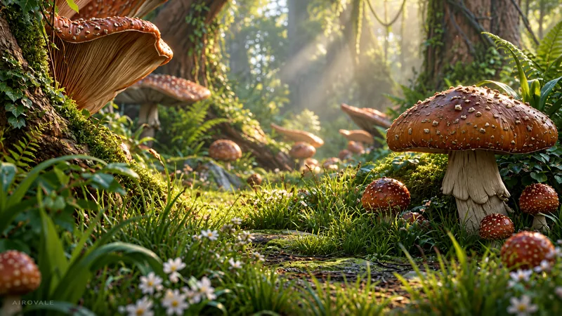 Giant spotted toadstools, ferns and white wildflowers on a mossy forest floor lit by morning sunbeams