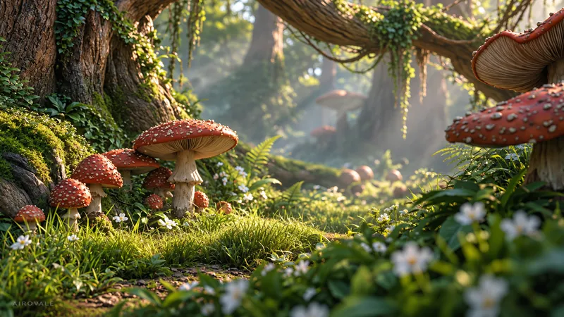 Red-capped fairy toadstools and white wildflowers beneath ancient mossy trees in a sunlit forest glade