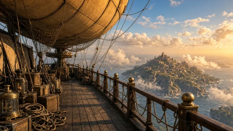 Wooden zeppelin deck with brass-capped rails and lanterns overlooking the sea at sunset