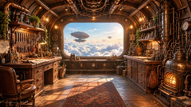 Brass-piped airship workshop with tool wall, workbenches, leather chair and glowing furnace, porthole window over a sea of clouds with a zeppelin